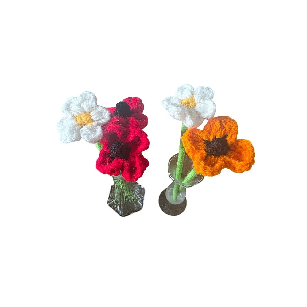Handmade Crochet Flower Bouquet 5 Stems Red Orange White Floral.